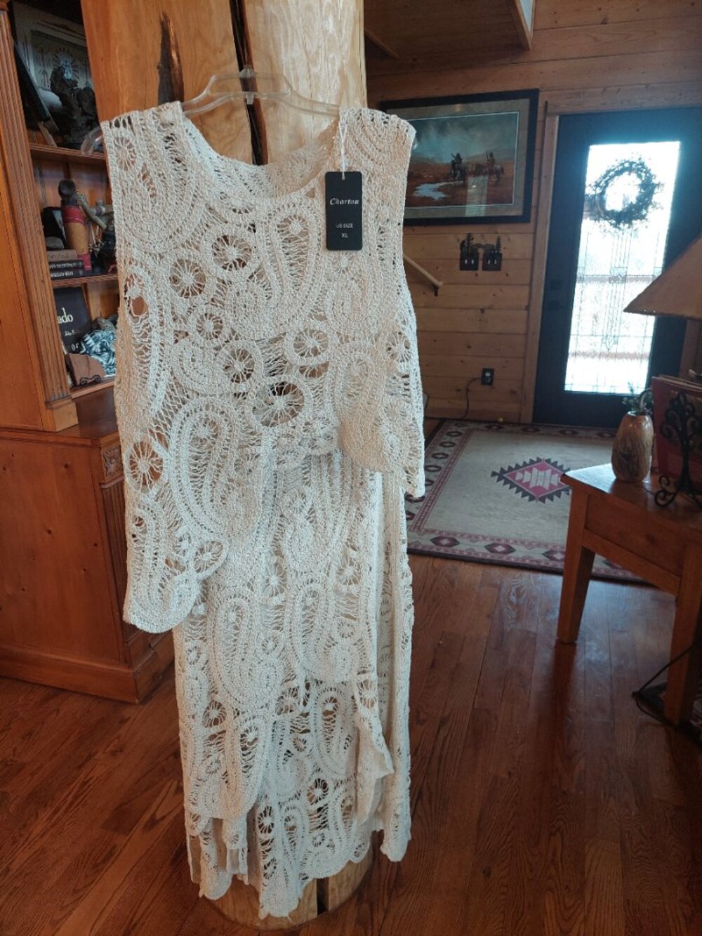Chartou Asymetrical Crochet Top and Skirt set, Ivory, lined skirt, xl, NWTags